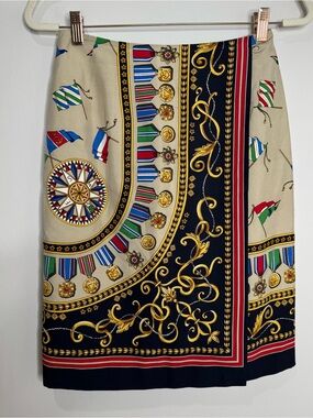Talbots 100% Silk Vintage 90s Nautical Coastal Wrap Skirt Knee Length Size 8